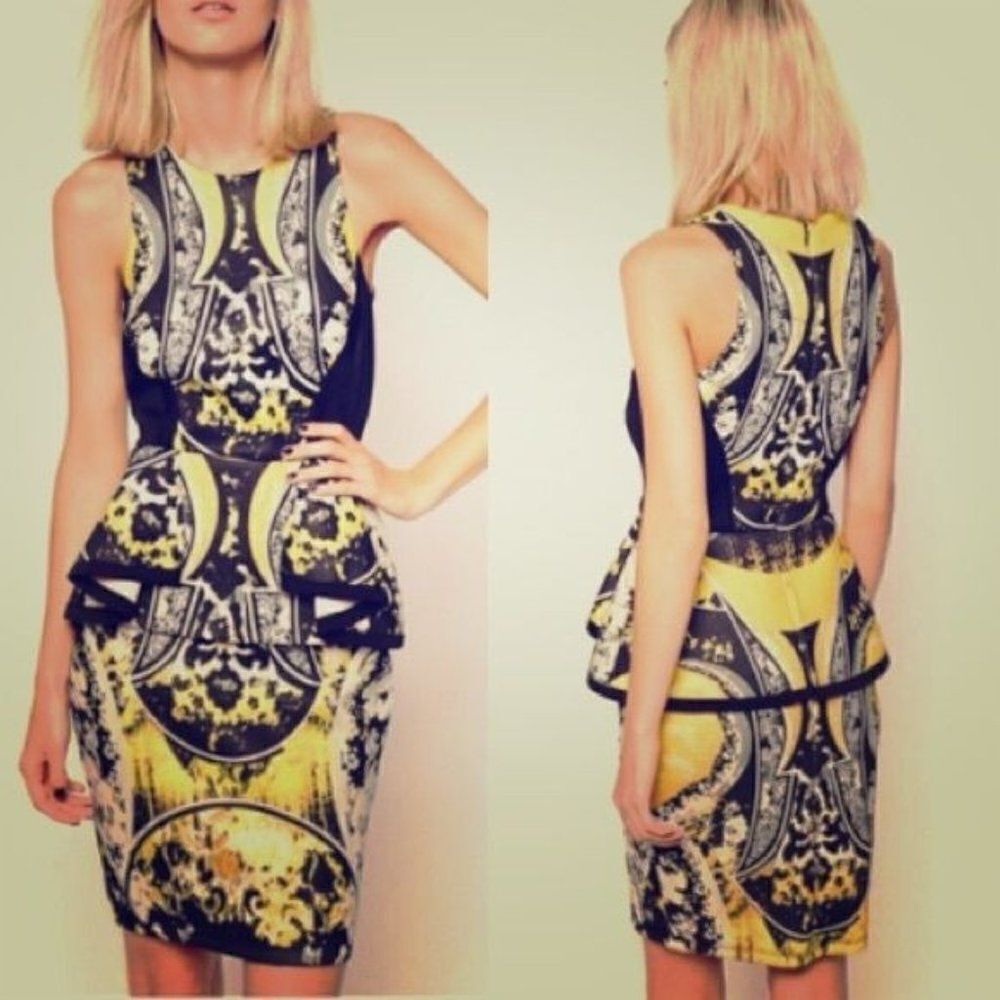 River Island Abstract Printed Peplum Scuba Neoprene Bodycon Dress US 4 UK 8